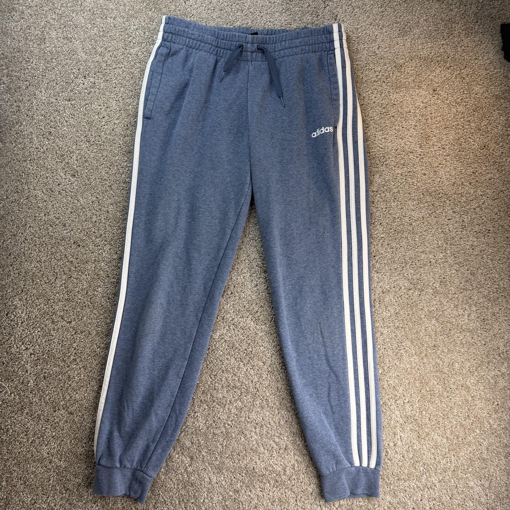 Adidas Jogger Pants Womens Med Blue Fleece Elastic Waist Pockets Stripes Cuffed